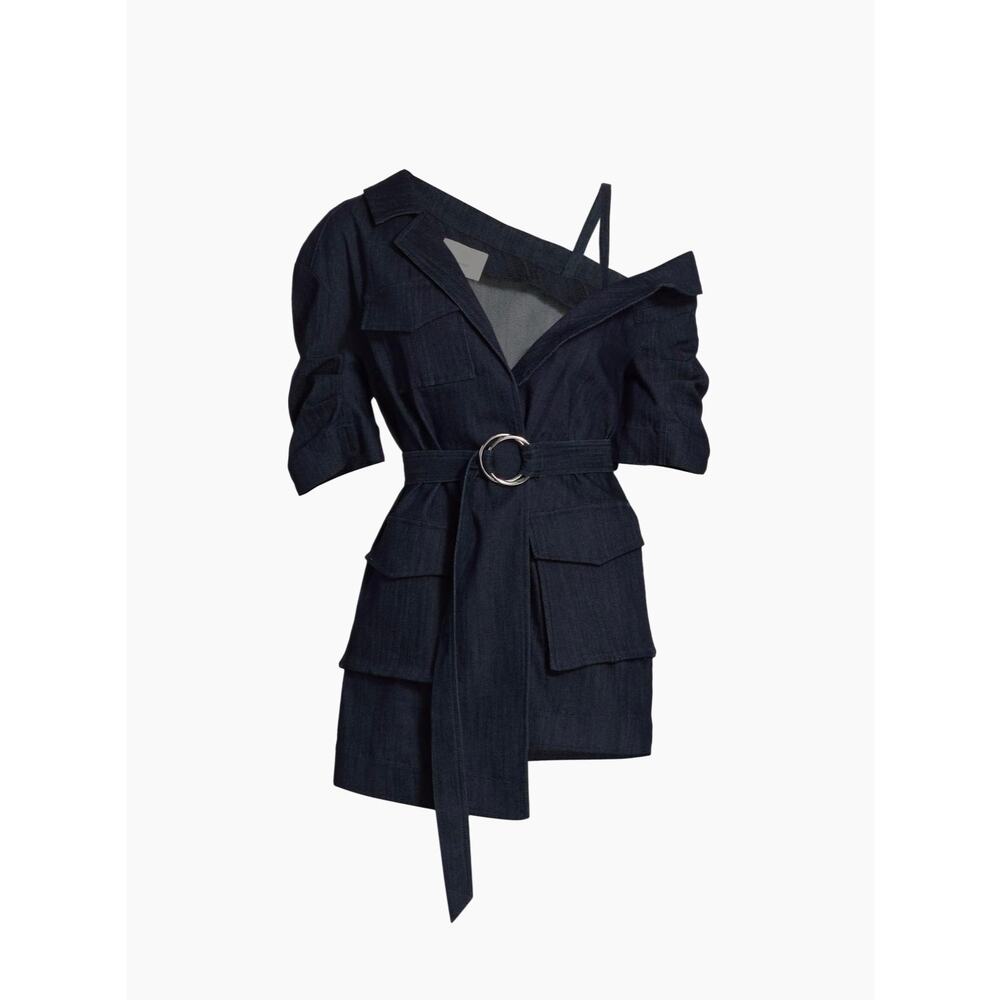 Cinq À Sept Katie Asymmetric Belted Denim Utility Jacket Indigo Size 4